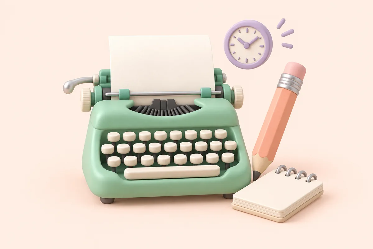 3D typewriter, pencil, and notebook