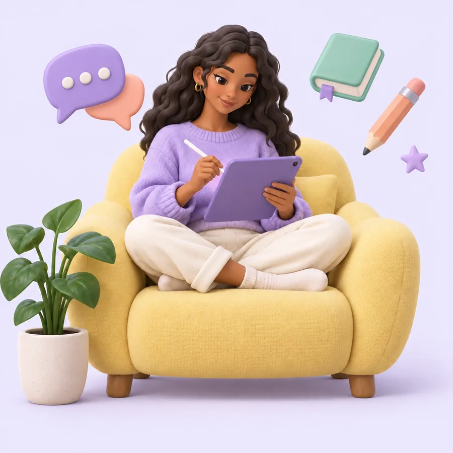 A 3D learner practicing on a tablet in a comfortable yellow chair