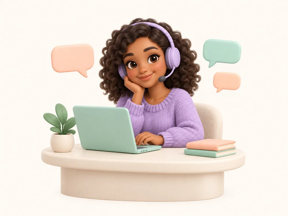 A friendly 3D support mentor with a headset at a mint laptop, surrounded by colorful conversation bubbles